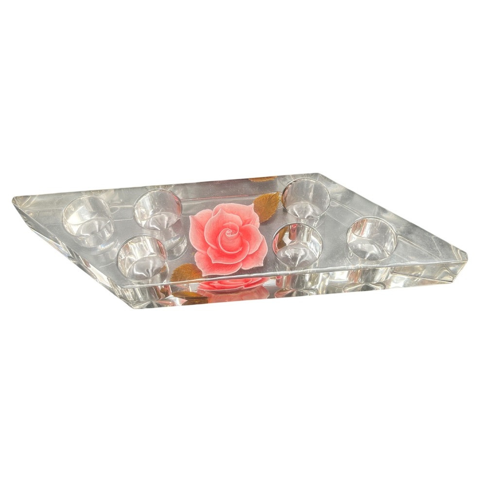 Vtg Reverse Carved lucite Lipstick Holder Pink Rose Mid Century Bath & Beauty‎